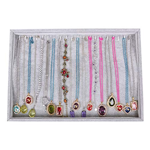 Gray Velvet Stackable 20 Hooks Necklace Jewelry Tray Showcase Display Organizer Holder for Dresser Decorative, Storage Box Case Single Plate for Women Accessary, Long Hand Chains Jewels - color: Grey 20 Hooks Necklace