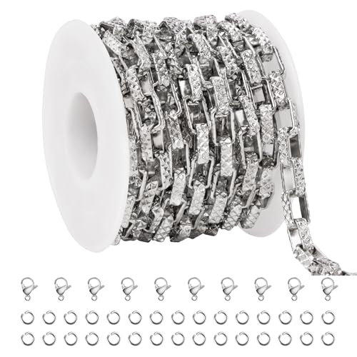 SMYHTGLIF 3 Meters Silver Stainless Steel Chain for Jewelry Making Embossed Chunky Box Chain Roll Craft Jewelry Supplies with Lobster Clasps and Jump Rings - color: Box Silver