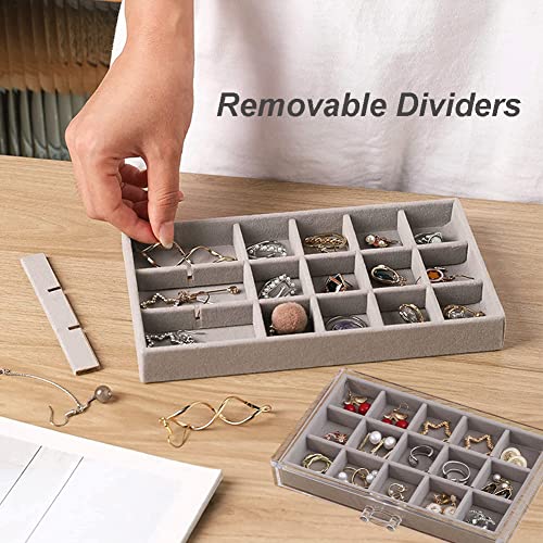 YUFONG Earring Organizer Box Acrylic Jewelry Organizer with 3 Drawers 54 Adjustable Grids Clear Stackable Earring Holder Velvet Trays Ring Display Case for Women Girls (Gray) - color: Gray