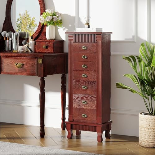 Giantex Standing Jewelry Cabinet with 7 Drawers, Flip-Top Mirror, 2 Side Doors with 12 Necklace Hooks, Divided Ring Compartments, Velvet-Lined Jewelry Armoire Organizer Chest (Cherry)