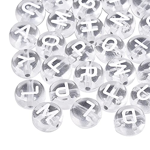 BEEFLYING 1480Pcs 7MM Transparent Acrylic Alphabet Beads Flat Round Disc A-Z White Letter Spacer Beads for DIY Friendship Boho Bracelet Hawaii Summer Holiday Surfing Jewelry Making (Clear Color) - color: White