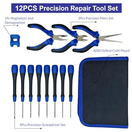 Precision Repair Tool Set, 12-Piece Electronics & Jewelers Repair Kit with Precison Screwdrivers, Mini Pliers, Demagnetizer, Small Tool Kit for PC, Laptop, Phone Repair, Includes Compact Storage Pouch