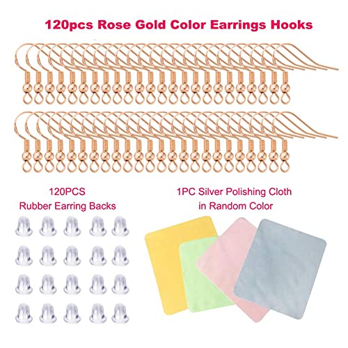 Rose Gold Earring Hooks - 120 PCS/60 Pairs Hypo-allergenic Rose Gold Plated Ear Wires Fish Hooks for Jewelry Making, Jewelry Findings Parts with 120 PCS Rubber Earring Backs Stopper for DIY Earrings - color: Regular Rose Gold