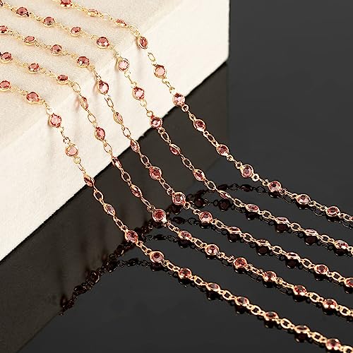 KYUNHOO 16.4 Feet Gold Plated Brass Chain for Jewelry Making with Lobster Clasps and Jump Rings Rosy Rhinestone Beads Chain for Bracelet Necklace Making DIY Jewelry Craft Gift Idea Supplies - color: Rosy Bead-Gold