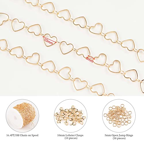 KYUNHOO 5M KC Gold Plated Jewelry Making Chains Link Heart Chains Bulk on Spool Jewelry Supplies Findings Chain Roll with Jump Rings and Lobster Claps - color: Heart Gold
