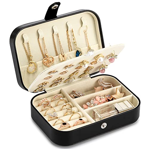 Travel Jewelry Box, PU leather Small Jewelry Organizer For Female Girls, double layer portable mini travel case for storing earrings, rings, necklaces.(Black) - color: black