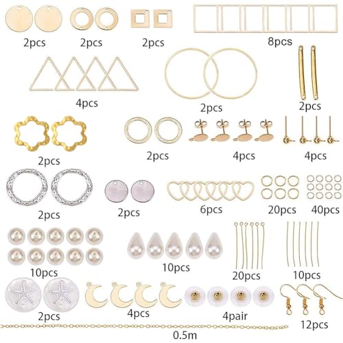SUNNYCLUE 1 Box DIY 10 Pairs Geometric Hollow Earring Making Starter Kit Classic Round Square Heart Triangle Charm Connector, Earring Stud Hooks Jewelry Making Supplies Craft, Golden, Instruction - color: Diy 10 Pairs Earrings-style 1
