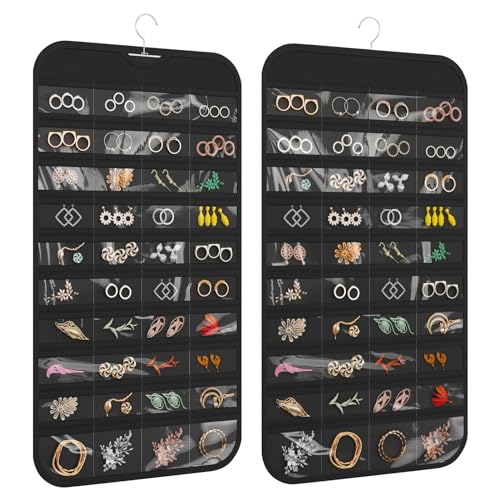 1 Pack Hanging Jewelry Organizer 80-Pocket Dual-sided Jewelry Storage for Earring Necklace Bracelet Ring Travel Holder, Black - color: Black