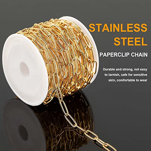 KYUNHOO 5M Gold Plated Stainless Steel Chain for Jewelry Making 4mm Wide Embossed Oval Paperclip Chain Bulk Soldered Jewelry Chain Spool with Lobster Clasps and Jump Rings for DIY Crafts - color: Embossed Paperclip Gold