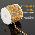 KYUNHOO 5M Gold Plated Stainless Steel Chain for Jewelry Making 4mm Wide Embossed Oval Paperclip Chain Bulk Soldered Jewelry Chain Spool with Lobster Clasps and Jump Rings for DIY Crafts - color: Embossed Paperclip Gold