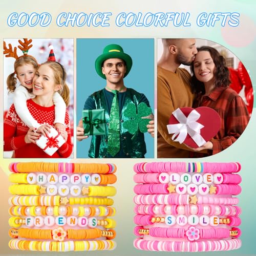 LUYI 32 Pcs Preppy Jewelry Bracelets for Women Clay Bead Colorful Surfer Heishi Bracelet Set Stackable Beaded Friendship Stretch Bracelets Boho Y2K Summer Beach Elastic Layering Bracelets - style: 48PCS-Bracelets