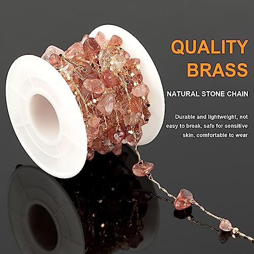 KYUNHOO 16.4ft Handmade Natural Raw Healing Crystal Natural Gemstone Brass Chain for Jewelry Making DIY Crafts Gold Chain Roll with Jump Rings and Lobster Clasps - color: Natural Stone-Strawberry