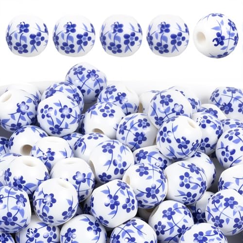 1 Box 180PCS 8MM Round Ceramic Porcelain Beads with Holes White Blue Flower Printed Floral Chinese Vintage Flowers Spacer Loose Bead for Jewelry Making Bracelets Necklaces DIY Craft Supply - color: White,blue, size: 8mm 180pcs