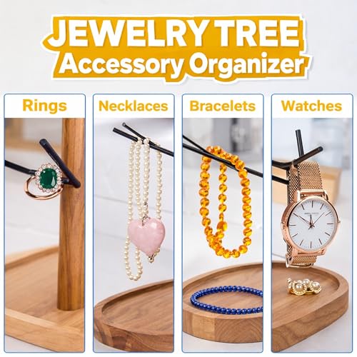 Creative Home Acacia Wood, Metal Tree Holder Stand│ Natural Wood & Black Branch Holder for Mugs, Jewelry & Accessories │ Stylish Kitchen or Vanity Organizer Gift