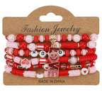 6PCS Valentine’s Day Clay Heishi Bracelet Set for Women- Red Pink Heart Love KISS XOXO Beaded Stretch Bracelets - Handmade Polymer Clay Crystal Glass Stackable Jewelry Gift for Galentine's Anniversary - color: LOVE-08