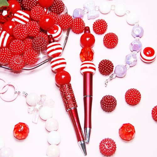 48 Pcs 20mm Beads for Pens Bubblegum Beads Red Crystal Acrylic Round Chunky Beads Sparkly Large Balls Beads for Pen Beadable Keychain Bracelet Necklace DIY Jewelry Making Supplies - color: Red Color