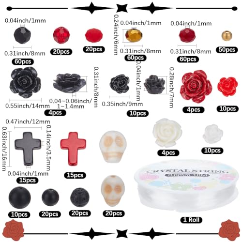 SUNNYCLUE 412Pcs Gothic Skull Beads Black And Red Beads Cross Skeleton Charms Natural Lava Rock Synthetic Turquoise Black Stone Halloween Rose Flower Spacers for Jewelry Making DIY Crafts Gift Holiday