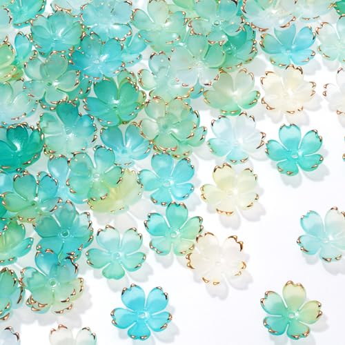 100pcs Cherry Blossom Beads, 5-Petal Gradient Acrylic Flower Beads, Mini Spacer Hair Accessories Halloween Christmas for Bracelets Earring Jewelry Making- Blue & Green - color: Blue & Green