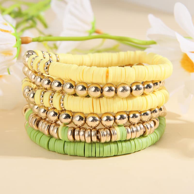 Pingyongchang Heishi Gold Beaded Bracelets Set for Women Men Bohemian Polymer Clay Colorful Surfer Vinyl Disc Stretch Layering Stackable Friendship Boho Bracelet Summer Beach Jewelry Gifts - color: Yellow