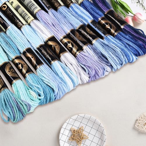 12 Skeins 105 Yards Blue Embroidery Thread Variegated Cross Stitch Floss Bulk 6 Ply Polyester Yarn Colorful Friendship Bracelet String for Sewing Making Needlecraft Knitting Stitching DIY - color: Dark Blue