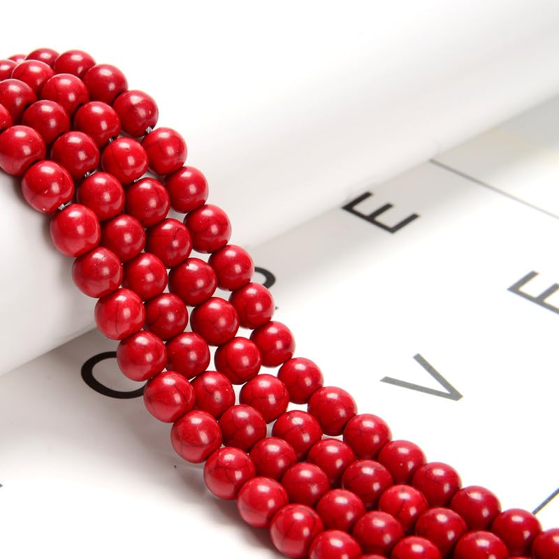 120pcs(2 Strand/Set) 6mm Coral Red Howlite Turquoise Gemstone Beads with Energy Power, Smooth Round Stone Beads for Jewlery Bracelets Earrings Making DIY - color: Coral Red Howlite Turquoise, size: 6mm