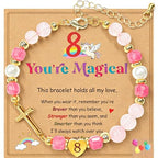 Birthday Number Cross Bracelet for Girls Ages 1-8, Strawberry Quartz & Pearl Beaded Bracelet with Gold-tone Cross & Heart Number, Adjustable Clasp Bracelet, Silver Gift Box - style: 8TH