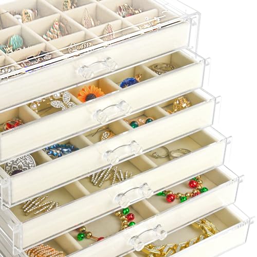 Watpot Acrylic Jewelry Box with 6 Drawers, Clear Earring Storage Organizer Display Case for Women Girls, Beige - color: Beige 6 Layers