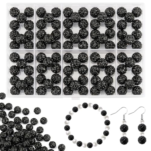 100Pcs 10mm Black Rhinestone Beads for Jewelry Making, Shiny Round Disco Ball Sparkly Beads Bulk with 10-Grid Storage Box for DIY Baseball Necklaces Shamballa Bracelets - color: Black