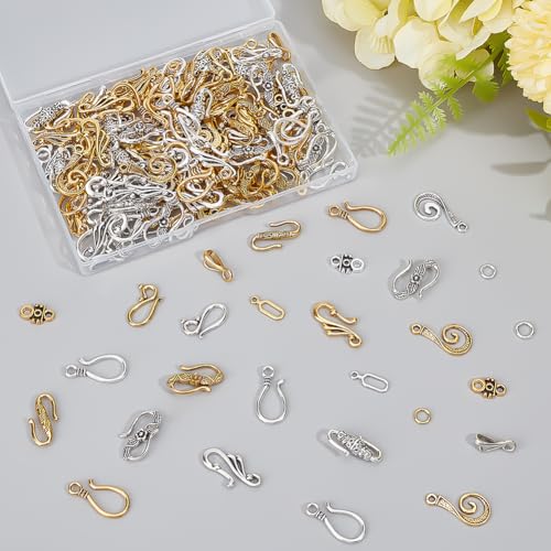 120Pcs Tibetan Style Hook and S-Hook Clasps 12 Styles Connector End Clasps Toggle Cord Rope End for Necklace Bracelet Jewelry Making