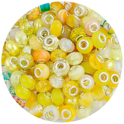 LAIDANLA Yellow Mix Large Hole Beads, 100pcs, 14mm x 5mm, Resin, Plastic, Acrylic, Round, Loose Beads for Jewelry Making, Bracelet, Necklace, Decoration - color: G-Yellow Mix