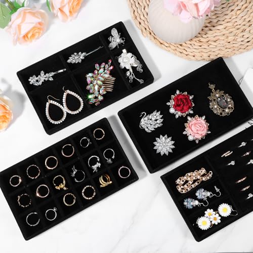 8 Pcs 4 Styles Velvet Jewelry Tray, 8" x 5" Stackable Jewelry Tray, Drawer Trays for Rings, Earrings, Necklace, Bracelet, Black