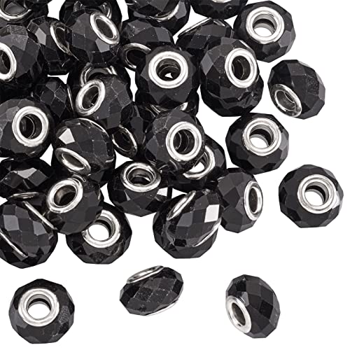 100pcs 14mm Large Hole Glass Beads Black European Beads Lampwork Loose Spacer Beads Murano Glass Beads for DIY Craft Snake Chains Bracelet Necklace Earring Making Hole: 5mm - color: Black