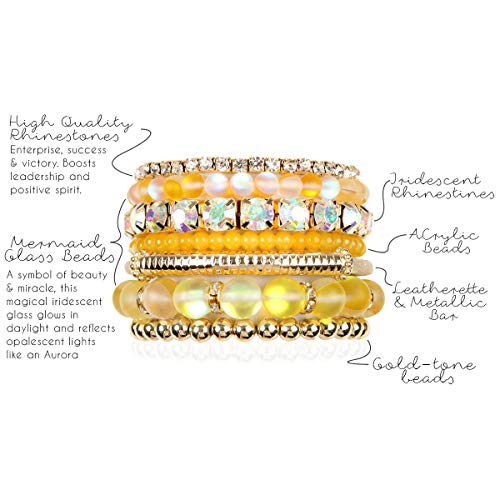 RIAH FASHION Multi Color Stretch Beaded Stackable Bracelets - Layering Bead Strand Statement Wrap Bangles - color: Mermaid Glass - Yellow, size: 7.0 Inches Length