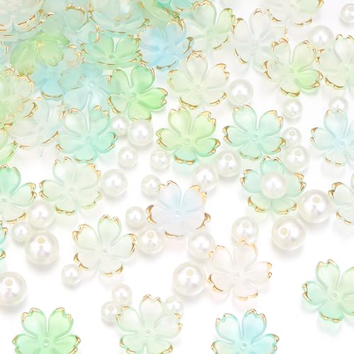 100Pcs Cherry Blossom Acrylic Flower Beads, 5-Petal Gold-Plated Gradient Floral Bead with 90Pcs Multi-Size Beige Pearls for Necklaces Bracelets Earrings DIY Adult Jewelry Making (Blue-Green Gradient - color: Blue-Green Gradient, size: Flower & Pearl Beads