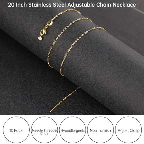 GTVOODX 10 Pack Gold Filled Necklace Chain Bulk Adjustable Stainless Steel Dainty Cable Chain for Jewelry Making with Rubber Stopper Beads - color: Gold Cable
