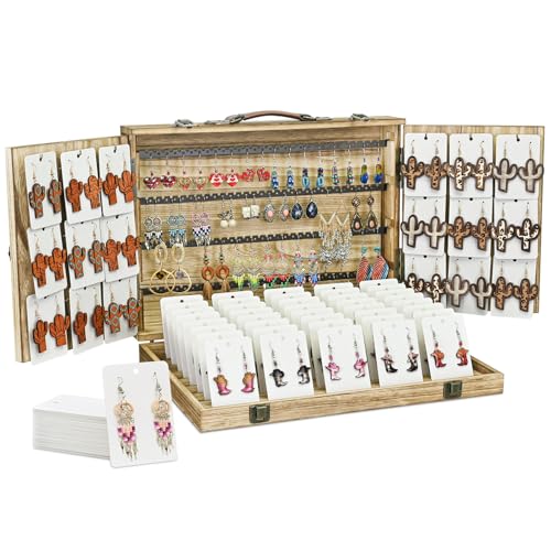 Ikee Design Wooden Earring Display with 100pcs Earring cards, Jewelry Display Case, Earring Holder Organizer, Bracelet Display, Oak, All open 31.5W x 14D x 12.5H in, Close 15.7 W x11.3Dx 3.5H in