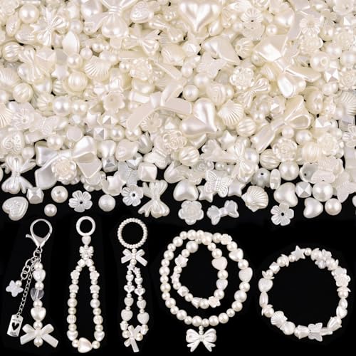 270-320PCS TINKRSTUFF Assorted Mix ABS Imitation Pearl Beads for Bracelet Making, Cute Bead for Jewelry Making Bow Butterfly Heart Kawaii Aesthetic Acrylic Beads,DIY Necklace Keychain Phone Charms - color: Ivory