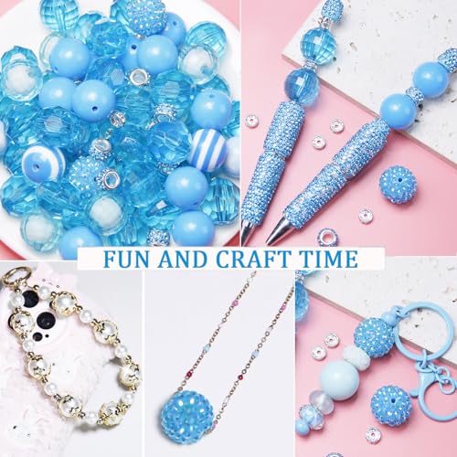 106 Pcs 20mm Beads for Pens Making with Rondelle Spacer Beads Sky Blue Acrylic Focal Bubblegum Bead Crystal Round Sparkly Chunky Bead for Pens Beadable Keychain DIY Craft Jewelry Making Supplies - color: Sky Blue