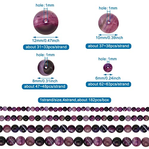 Craftdady 4 Strand Natural Round Stone Beads 6-12mm Purple Striped Banded Agate Loose Beads Energy Healing Gemstone Beads for DIY Bracelets Necklaces Earrings Jewelry Crafts, Total About 177pcs - color: Purple Striped Agate