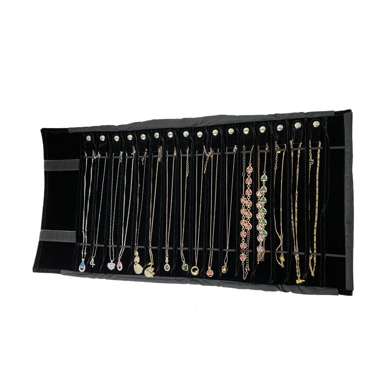Portable Jewelry Roll Untangled Secure Necklace Travel Storage Bag Displays Holder 16 Chain (black PU and velvet) - color: black PU and velvet