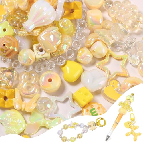 45-60PCS Large Acrylic Yellow Shiny Assorted Beads for Bracelet Making UV Plating Focal Beads for Pens Round Flower Bow Bear Love Heart Hat Cute Spacer Bead Bulk for DIY Jewelry Keychain Phone Charm - color: Yellow