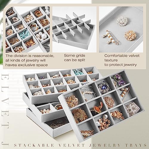 Junkin 12 Pcs Jewelry Tray Velvet Stackable Jewelry Organizer Trays Divided Earring Accessories Storage Containers Box (Rose Red) - color: Gray