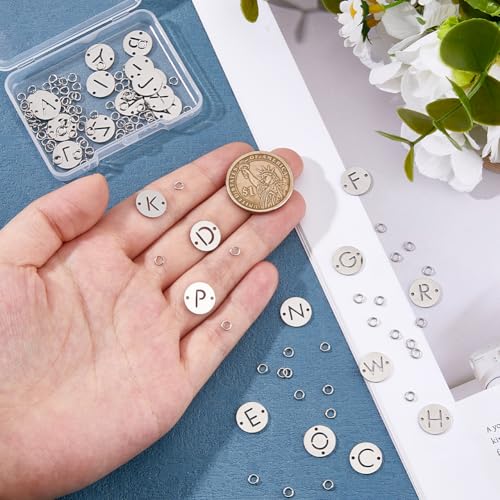 26pcs Stainless Steel Letter Link Charms 12mm Flat Round A-Z Letter Charms with Jump Rings Metal Alphabet Connector Charms with Two Hole for Jewelry Making Necklace Bracelet DIY Crafts