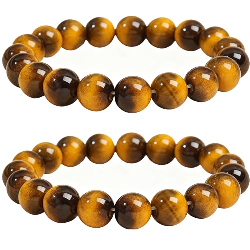 Handmade 8mm Beaded Bracelets For Men Protection Bracelet For Women Chakra Feng Shui Stretchy Handmade Lucky Money Stretchy Crystal Bracelets Best Gifts - color: Simulated Tigers eye 2PCS