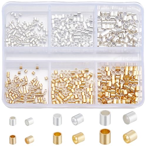 Beebeecraft 1 Box 600Pcs 6 Styles Silver Crimp Beads 18K Gold & Sterling Silver Plated Tube Crimp Beads 1/2/2.5mm Column Stoppers End Caps Loose Spacer Beads for Jewelry Making