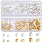 Beebeecraft 1 Box 600Pcs 6 Styles Silver Crimp Beads 18K Gold & Sterling Silver Plated Tube Crimp Beads 1/2/2.5mm Column Stoppers End Caps Loose Spacer Beads for Jewelry Making