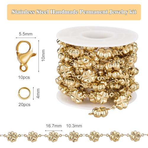 GTVOODX 18k Gold Plated Soldered Jewelry Making Chains 6.6 Ft Four Leaf Clover Stainless Steel Handmade Bulk Chain Roll for DIY Jewelry Necklace Bracelet Making with Jump Rings and Lobster Clasps - color: Gold Four Leaf Clover