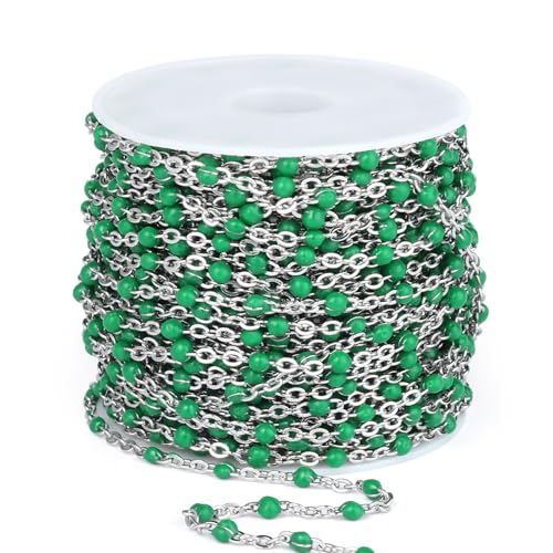 33 Feet Stainless Steel Enamel Chains Bulk, 2mm 304 Stainless Steel Green Enamel Beaded Cable Link Chain Roll Spool for Jewelry Making - color: Stainless Steel Green Beads