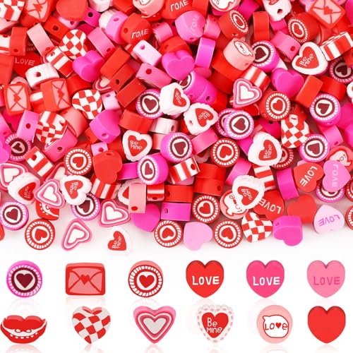 Valentine's Day Polymer Clay Beads, 300pcs Love Heart Mixed Heishi Spacer Clay Beads for Valentine's Day Jewelry Making DIY Bracelet Necklace Accessories Craft Party Supplies - color: Red Pink Yellow