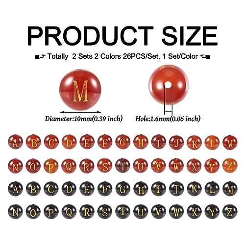 Cheriswelry 52Pcs 10mm Natural Gemstone Letter Beads - Agate Alphabet Healing Stone for Birthday Bracelet Necklace Jewelry Making - Black Red Crystal - color: Agate with Letter-Mixed Color*2